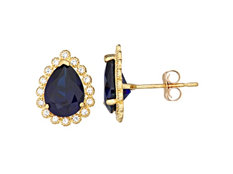 Pear Lab Created Sapphire 10K Yellow Gold Stud Earrings 2.96ctw