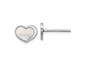 Rhodium Over Sterling Silver Mother of Pearl Heart Post Earrings