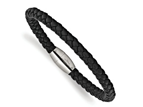 Black Leather and Stainless Steel Polished 8.5-inch Bracelet