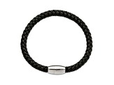 Black Leather and Stainless Steel Polished 8.5-inch Bracelet