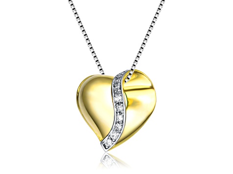 Two-Tone, Rhodium and 14k Gold Plated over Sterling Silver Cubic Zirconia Heart Pendant Necklace