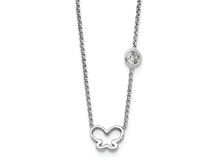 Rhodium Over Sterling Silver Cubic Zirconia and Butterfly with 2-inch Extension Children's Necklace