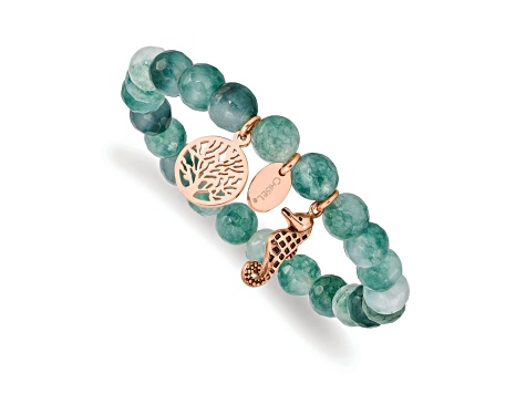 Rose Stainless Steel Antiqued and Polished Seahorse Green Dyed Jade Bracelet