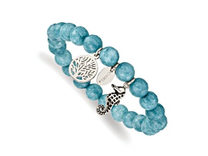 Stainless Steel Antiqued and Polished Seahorse Blue Dyed Jade Stretch Bracelet