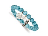 Stainless Steel Antiqued and Polished Seahorse Blue Dyed Jade Stretch Bracelet