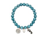 Stainless Steel Antiqued and Polished Seahorse Blue Dyed Jade Stretch Bracelet
