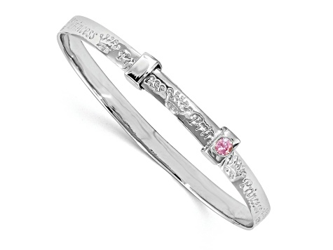 Rhodium Over Sterling Silver Pink Cubic Zirconia Princess Adjustable Bangle