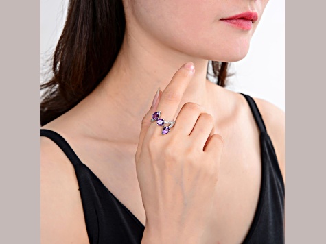 Amethyst and White Topaz Sterling Silver Bypass Ring, 3.78ctw