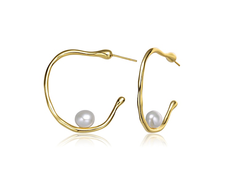 Genuine Freshwater Pearl, 14K Yellow Gold Plated over Sterling Silver Hoop Earrings