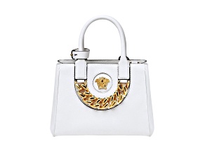 Versace La Medusa Gold Plaque White Leather Small Crossbody Tote Bag