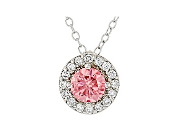 Picture of Round pink and white lab-grown diamond, 14k white gold halo pendant 0.75ctw.