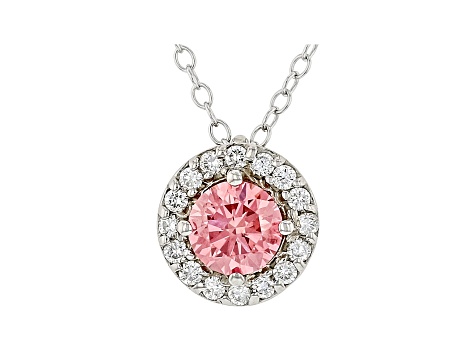 Pink And White Lab-Grown Diamond 14k White Gold Halo Pendant With Cable Chain 0.75ctw