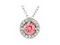 Round pink and white lab-grown diamond, 14k white gold halo pendant 0.75ctw.
