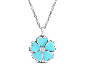 1/10 CT TGW White Topaz with Light Blue Enamel Flower Pendant with Chain in Sterling Silver