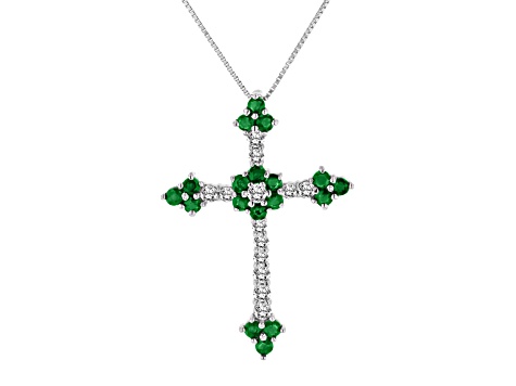 1.10ctw Emerald and Diamond Cross Pendant in 14k White Gold