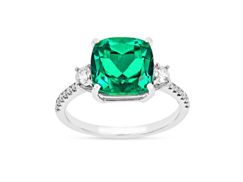 Picture of Lab Created Emerald and Moissanite Rhodium Over Sterling Silver 3-Stone Ring
