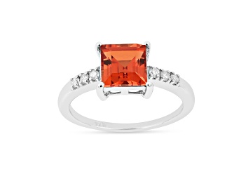 Picture of Rhodium Over Sterling Silver Lab Created Square Padparadscha Sapphire with Moissanite Accents Ring