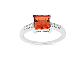 Rhodium Over Sterling Silver Lab Created Square Padparadscha Sapphire with Moissanite Accents Ring