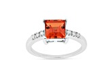 Rhodium Over Sterling Silver Lab Created Square Padparadscha Sapphire with Moissanite Accents Ring
