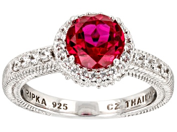 Picture of Judith Ripka 1.60ct Lab Red Ruby With 1.65ctw Bella Luce® Rhodium Over Sterling Silver Halo Ring