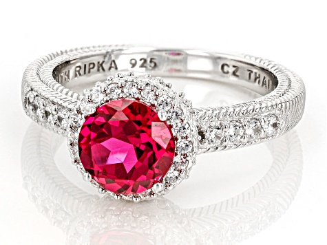 Judith Ripka 1.60ct Lab Red Ruby With 1.65ctw Bella Luce® Rhodium Over Sterling Silver Halo Ring