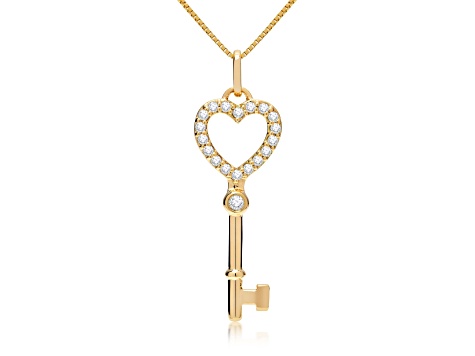 White Cubic Zirconia 14k Yellow Gold Key Pendant With Chain 0.20ctw