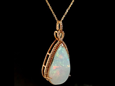 Ethiopian Opal Pear Shape Cabochon and Round Diamond 14K Yellow Gold Pendant with Chain, 17.48ctw