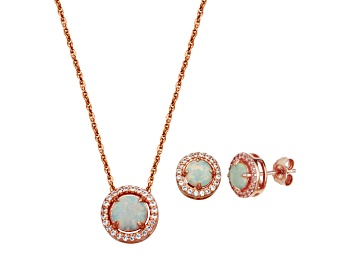 Picture of Lab Opal & White Lab Sapphire 14k Rose Gold Over  Silver Earrings/Pendant With Chain Set 1.08ctw