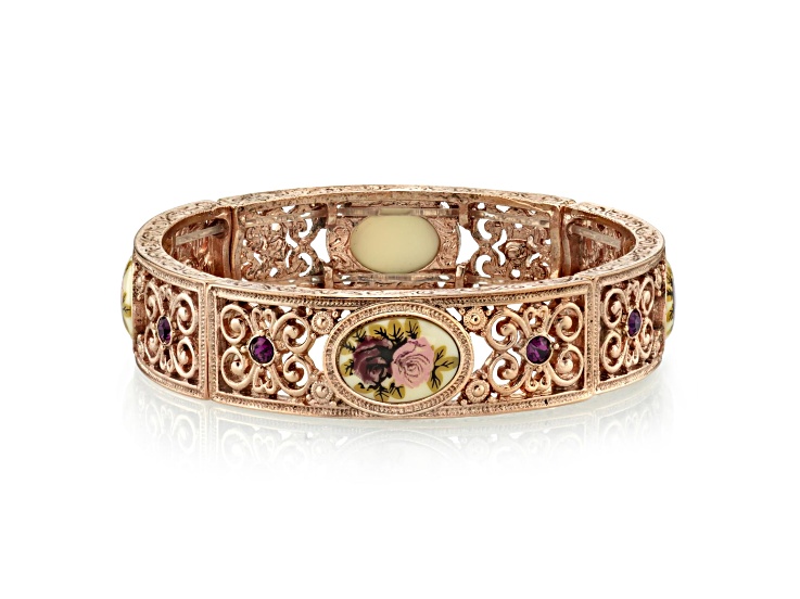 1928 Jewelry Rose Gold Tone Purple Crystal Flower Stretch Bracelet