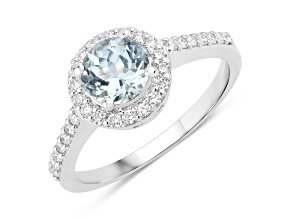 Aquamarine and Lab Grown Diamond Rhodium Over Sterling Silver Ring .07ctw