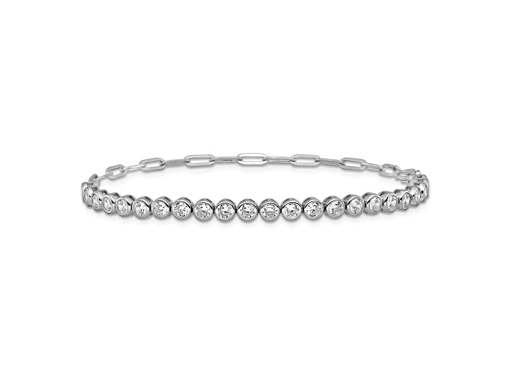 Rhodium Over Sterling Silver Bezel Set Cubic Zirconia and Paperclip Link Bracelet