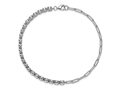 Rhodium Over Sterling Silver Bezel Set Cubic Zirconia and Paperclip Link Bracelet
