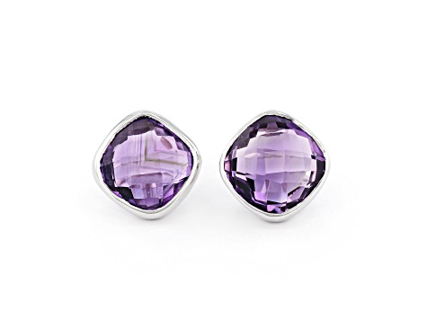 Purple Cushion Amethyst Sterling Silver Earrings 12ctw