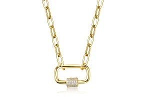 Clear Cubic Zirconia, 14K Gold Plated over Brass Paperclip Charm Necklace