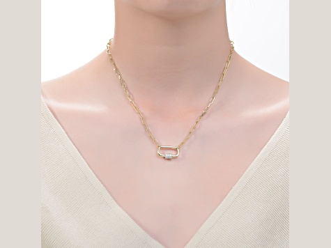 Clear Cubic Zirconia, 14K Gold Plated over Brass Paperclip Charm Necklace