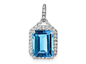 Rhodium Over 10k White Gold 5.07 cttw Emerald-cut Swiss Blue Topaz and Diamond Halo Pendant
