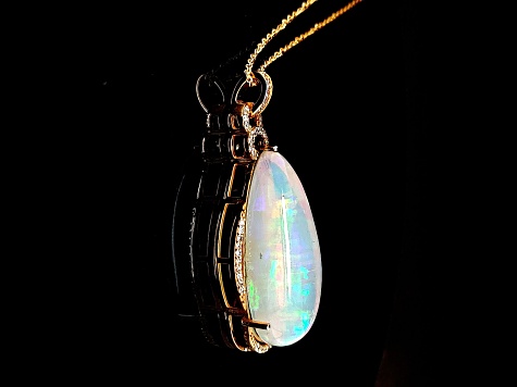 Ethiopian Opal Pear Shape Cabochon and Round Diamond 14K Yellow Gold Pendant with Chain, 15.90ctw