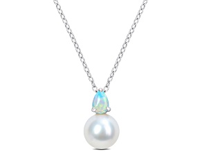 FW Cultured Pearl and 2/5 CT TGW Ethiopian Opal Pendant with Chain in Sterling Silver