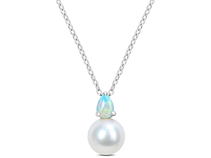 FW Cultured Pearl and 2/5 CT TGW Ethiopian Opal Pendant with Chain in Sterling Silver