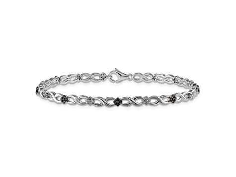 Rhodium Over 14k White Gold White and Black Diamond Flower Infinity Bracelet