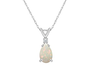 8x5mm Pear Shape Opal with Diamond Accent 14k White Gold Pendant With Chain