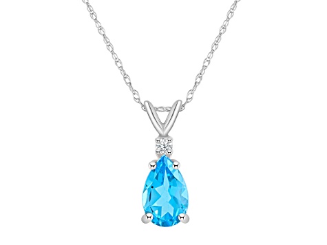 8x5mm Pear Shape Blue Topaz with Diamond Accent 14k White Gold Pendant With Chain