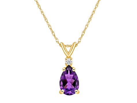 8x5mm Pear Shape Amethyst with Diamond Accent 14k Yellow Gold Pendant With Chain