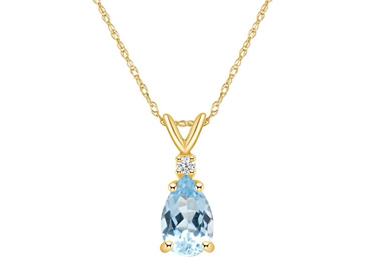 8x5mm Pear Shape Aquamarine with Diamond Accent 14k Yellow Gold Pendant With Chain