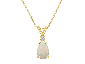 8x5mm Pear Shape Opal with Diamond Accent 14k Yellow Gold Pendant With Chain