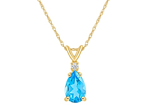 8x5mm Pear Shape Blue Topaz with Diamond Accent 14k Yellow Gold Pendant With Chain
