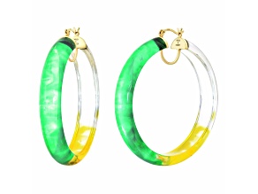 14K Yellow Gold Over Sterling Silver Green and Yellow Tie Dye Lucite Hoops