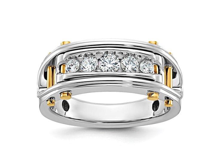 14K Yellow and White Gold Men's Polished Grooved Cut-Out 5-Stone Diamond Ring