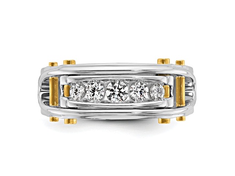 14K Yellow and White Gold Men's Polished Grooved Cut-Out 5-Stone Diamond Ring