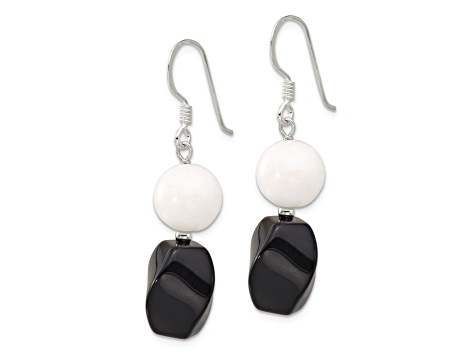 Sterling Silver Polished Black Agate and White Jadeite Dangle Earrings